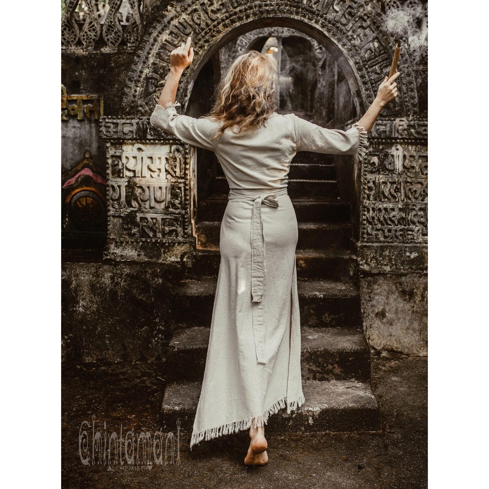 Chintamani Alchemistry Raw Cotton Boho Wrap Maxi Dress White Fringe Wedding - Picture 3 of 6